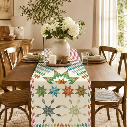 Multi Color Boho Mandala Table Runner 72in, Linen Geometric Snowflake Star