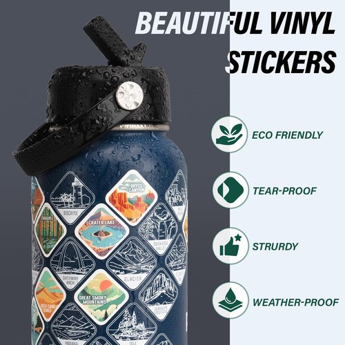 DYSANKY National Parks Water Bottle – 32 oz Insulated Stainless Steel Thermos with 63 Hand-Drawn Park Stickers, Outdoor Accessories & Gift Box – BPA-Free – Ideal for Hiking, Camping & Travel