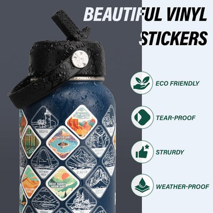 DYSANKY National Parks Water Bottle – 32 oz Insulated Stainless Steel Thermos with 63 Hand-Drawn Park Stickers, Outdoor Accessories & Gift Box – BPA-Free – Ideal for Hiking, Camping & Travel
