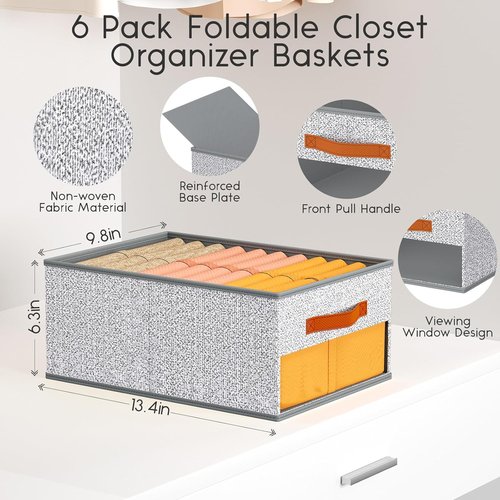 Homsorout Drawer Organizers - 6-Pack Foldable Pants Storage with Clear Window & Handles | Light Gray Fabric