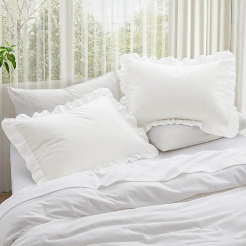 KKJIAF Ruffle Pillow Cases - Set of 2 Standard Size 20" x 26" | Wrinkle Resistant White Ruffled Covers