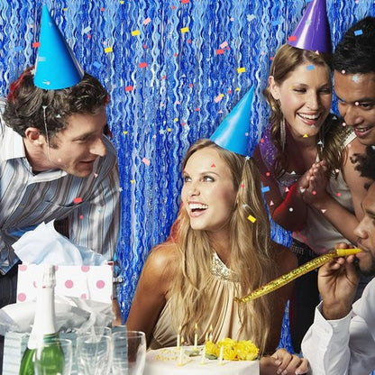 Blue Backdrop Wavy Tinsel Foil Fringe Curtains | Sparkling Metallic Party Decorations