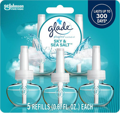 Glade PlugIns Refills Air Freshener - Scented Essential Oils for Home | Sky & Sea Salt, 3.35 Fl Oz, 5 Count