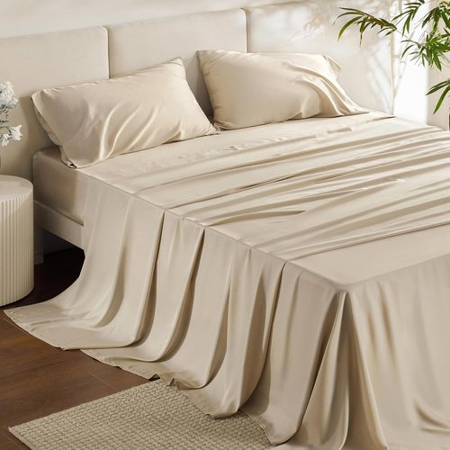 Bedsure Queen Sheet Set - Cooling Bamboo Rayon Sheets | Deep Pocket, Breathable & Soft, Beige