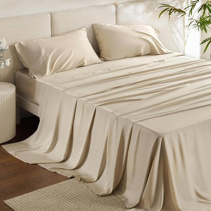 Bedsure Queen Sheet Set - Cooling Bamboo Rayon Sheets | Deep Pocket, Breathable & Soft, Beige