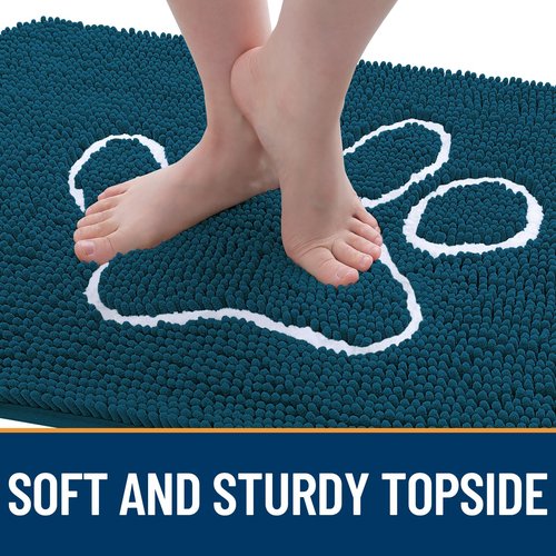 OLANLY Dog Door Mat for Muddy Paws 70x46, Paw Print Design, Absorbs Moisture and Dirt, Absorbent Non-Slip Washable Doormat, Quick Dry Chenille Mud Mat, Entry Indoor Entryway Carpet, Atlantic Blue