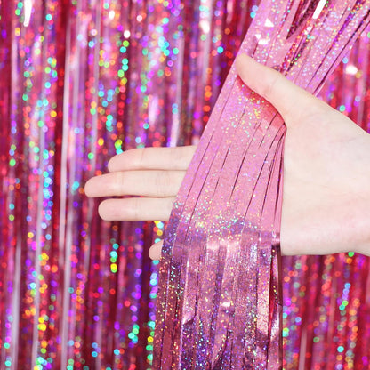 Voircoloria Laser Pink Tinsel Foil Fringe Curtains - 2 Pack Metallic Backdrop for Parties & Celebrations