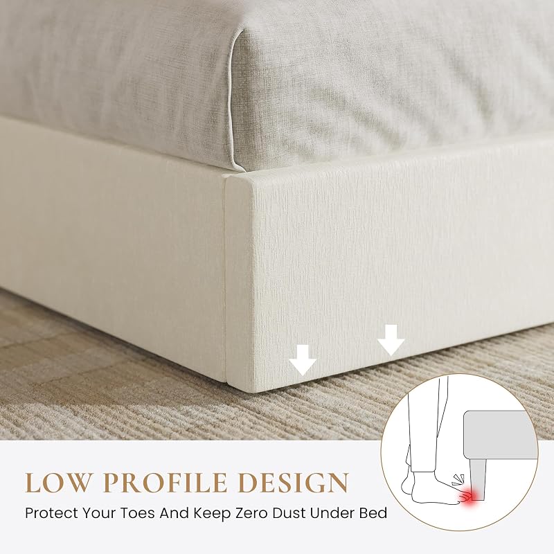 Queen Bed Frame with Chenille Storage Headboard and USB Ports - White (Variation: White+Queen)