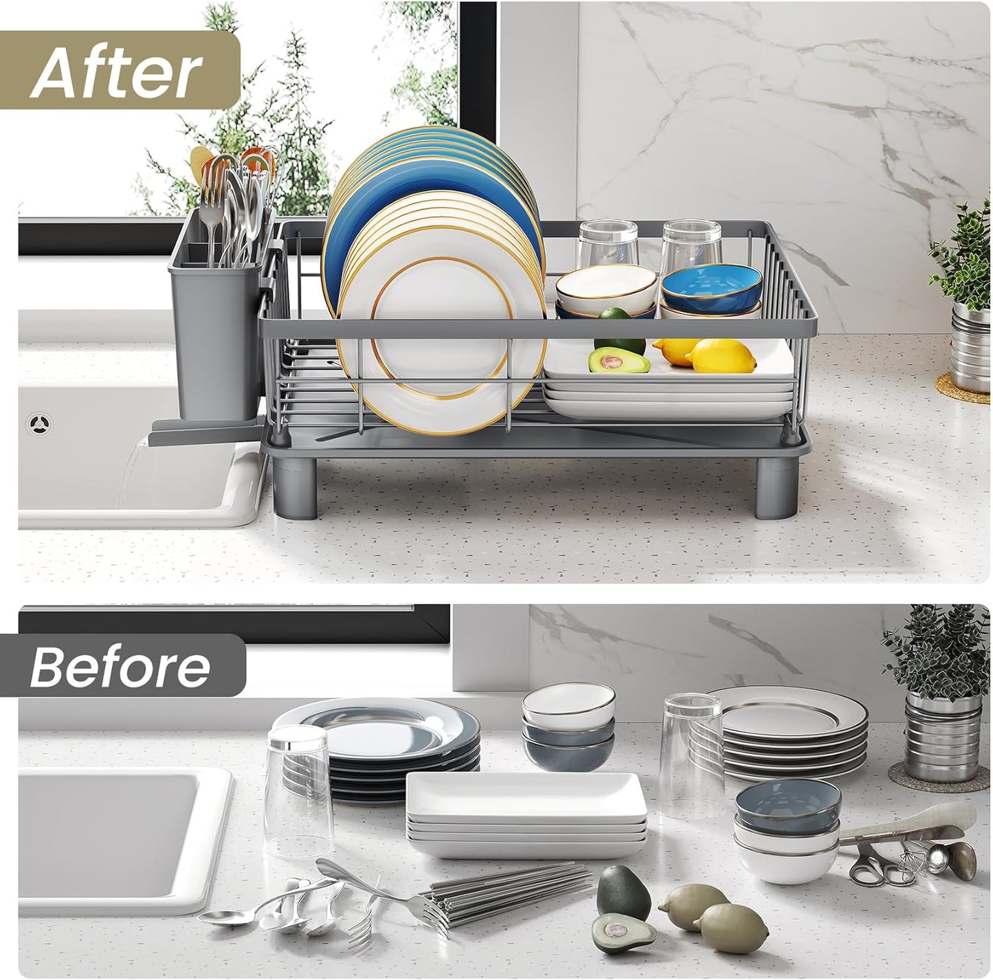 SNTD Dish Drying Rack - Stainless Steel Kitchen Counter Rack with Utensil Holder | 11" W x 15" L (Grey)