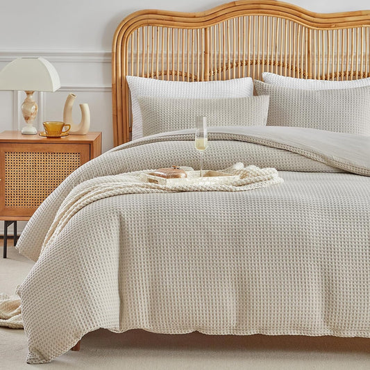 WARMDERN Waffle Weave Duvet Cover Set - Soft & Breathable Queen Size Microfiber Bedding in Khaki | 3 Pieces