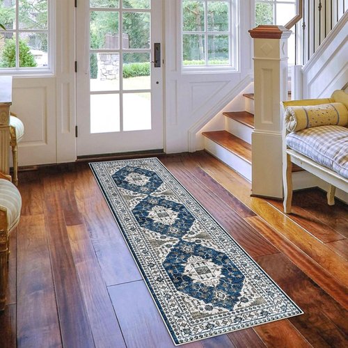 Hallway Washable Runner Rug - Vintage Soft Non-Slip Indoor Carpet for Entryway | 2x7 Blue