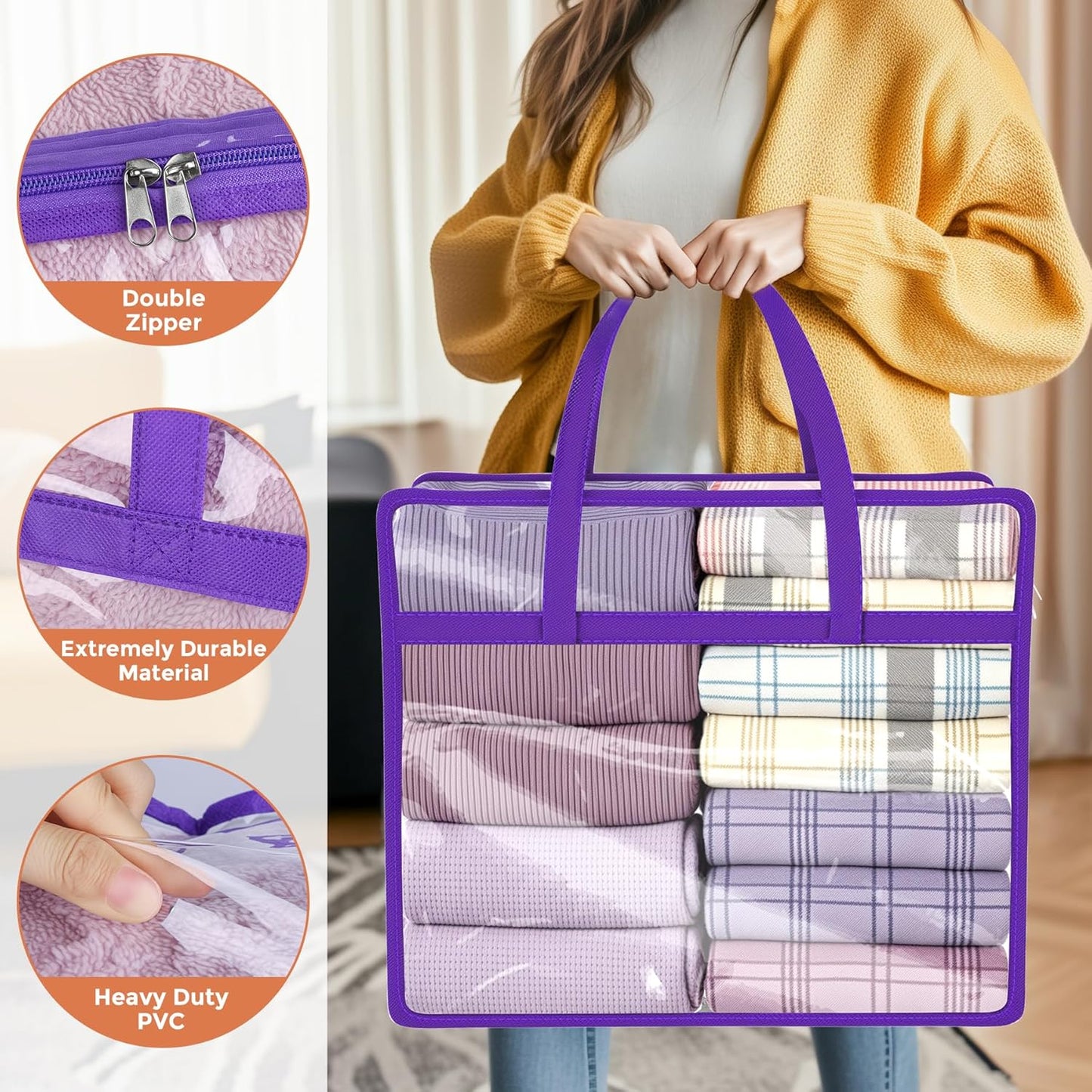 Budding Joy Clear Zippered Storage Bags - 6 Pack 40L Closet Organizers for Bedding, Clothes & Toys