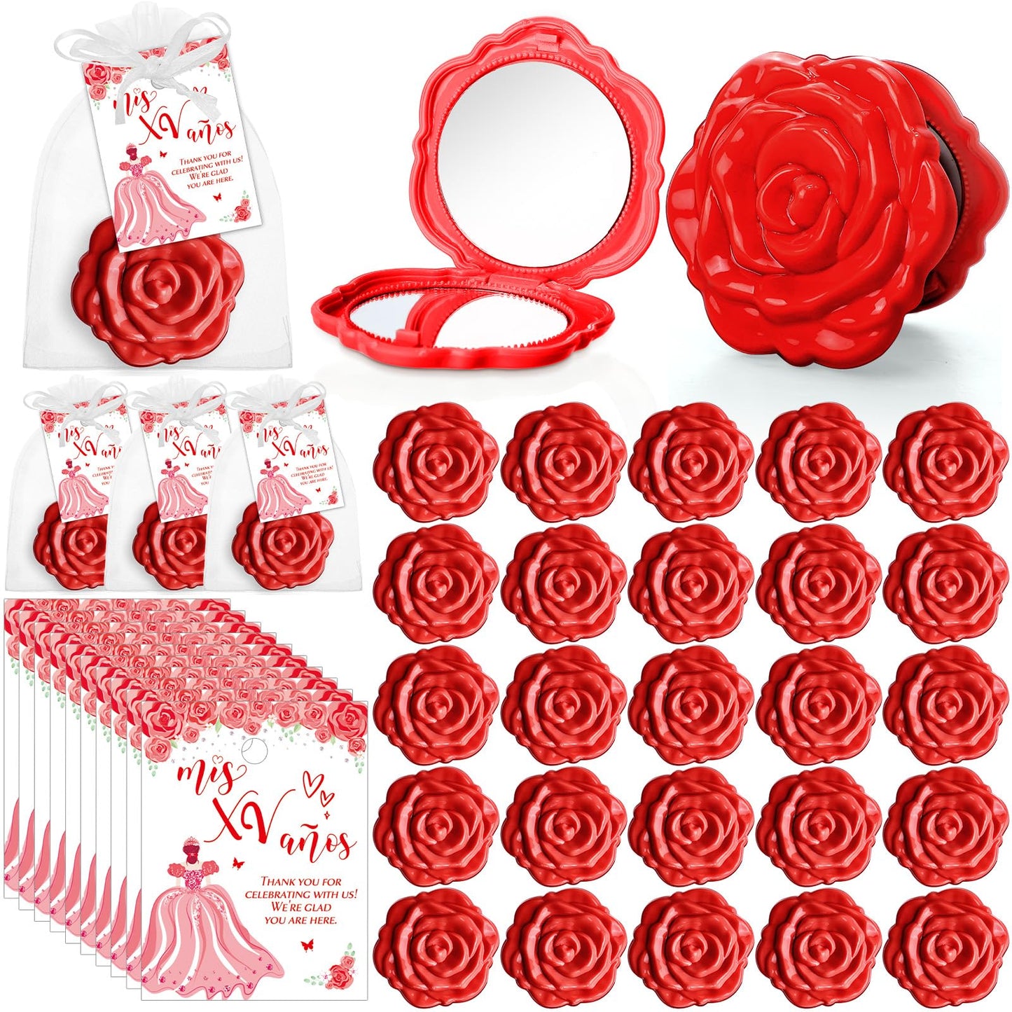 Wenqik 50 Sets Quinceanera Party Favors for Guests Rose Design Compact Pocket Mirrors Quinceanera Cards Thank You Gift and Organza Bags Sweet 15 Mis Quince Birthday Party Favor (Red)