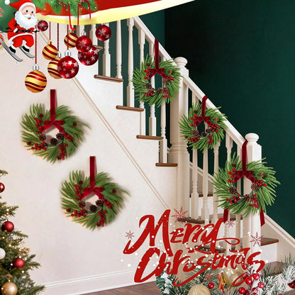 Skiennix Mini Christmas Wreaths - 15" Norfolk Pine Decor with Red Ribbon & Pine Cones | Set of 4