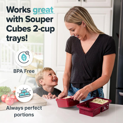 Souper Cubes Stoneware Baking Dishes - Premium 5" x 5" Mini Ceramic Set with Silicone Covers - Cranberry