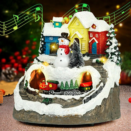 Regine Switzerland Musical Resin Snowman Figurines - LED Spinning Train Holiday Decor | Collectible Indoor Ornaments