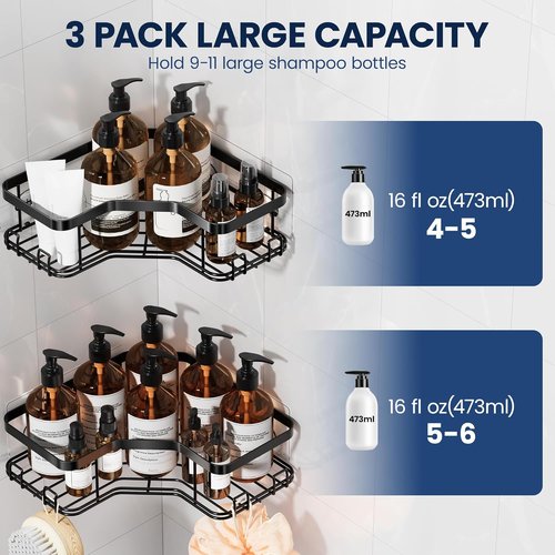 MAXIFFE Corner Shower Caddy - Large Capacity Stainless Steel Organizer with Soap Holder | No Drilling, Black
