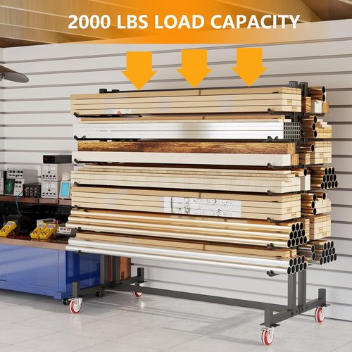 Lumber Storage Rack by [Brand Name] - 2000lbs Heavy Duty Freestanding Pipe Rack | 7 Tiers, Double-Sided Wood Shelves, 4 Silent Casters, Black - 59.84"L x 35.43"W x 65.74"H