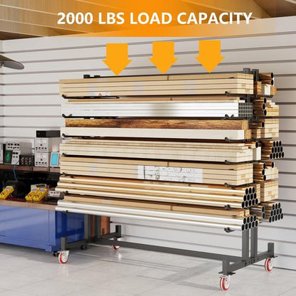 Lumber Storage Rack by [Brand Name] - 2000lbs Heavy Duty Freestanding Pipe Rack | 7 Tiers, Double-Sided Wood Shelves, 4 Silent Casters, Black - 59.84"L x 35.43"W x 65.74"H