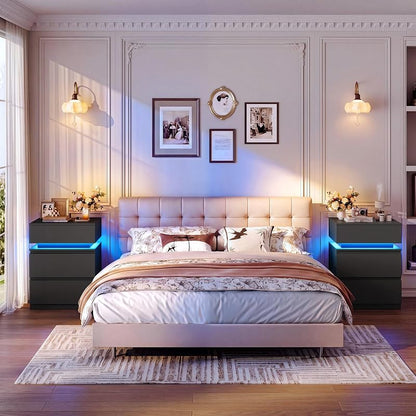 Nightstands Set of 2 with LED Lights, USB Charging Station & App Control, 23.8" Tall – Black+2 Drawers Variation