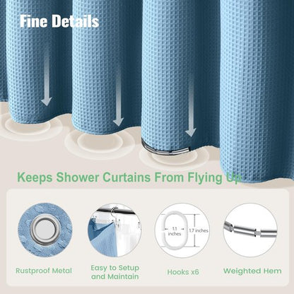Dynamene Stall Shower Curtain and Liner Set - 36 x 72 inch Half Waffle Fabric, Narrow Waterproof Clear Liner, Heavy Duty Weighted Hotel Luxury Shower Curtains for Bathroom, 6 Hooks, Moonlight Blue