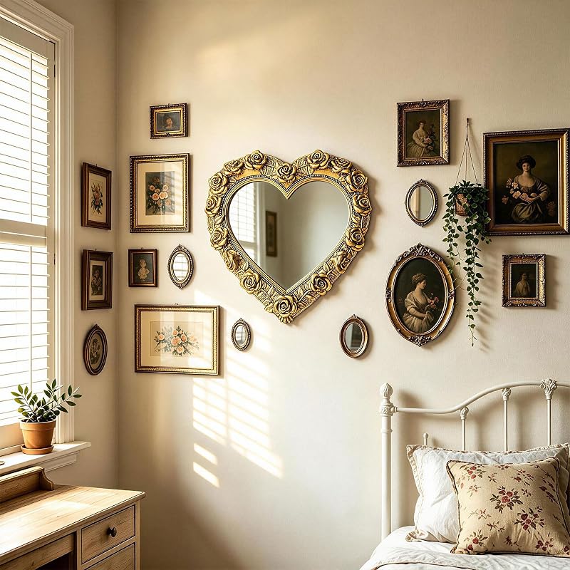Antique Gold Heart Mirror with Rose Frame – Wall Decor 13 x 12.2 inches