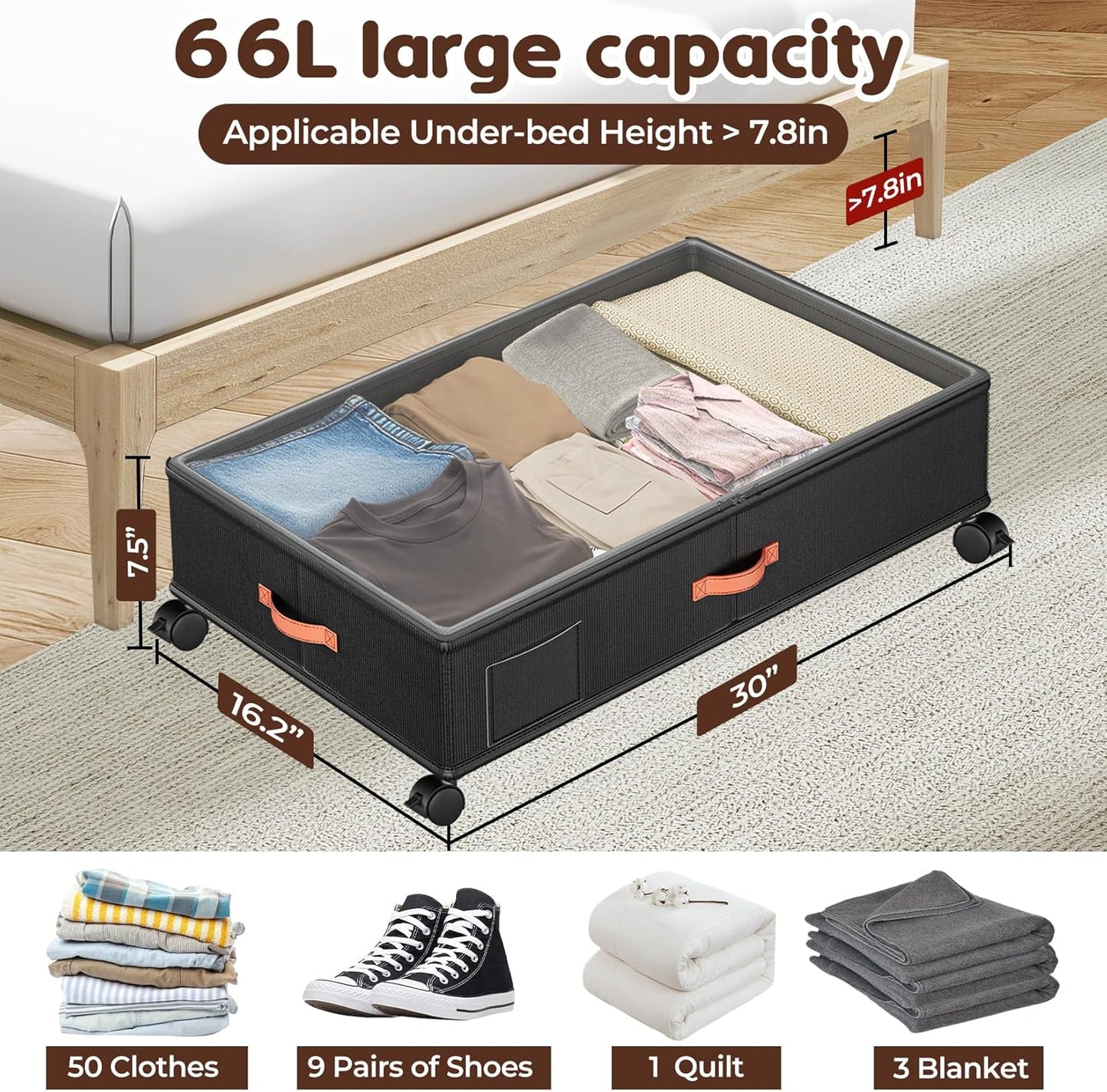 Under Bed Storage - 2-Pack Rolling Storage Drawers with Clear Lids | 66L Organizer Bins for Clothes & Shoes (30" L x 16.2" W x 7.5" H)