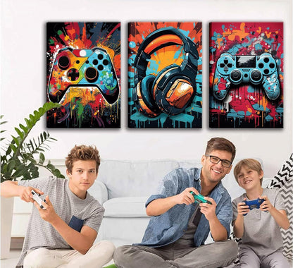 Skiennix Retro Video Game Wall Art - 3Pcs Colorful Neon Gamepad Canvas Prints | 16x24in Ready to Hang