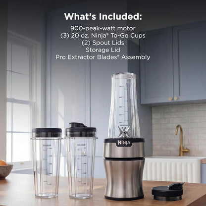 Ninja Nutri-Plus Personal Blender - Compact Push-To-Blend for Smoothies & Frozen Drinks | 3 To-Go Cups & Lids | 900 Peak Watts | Silver | BN301