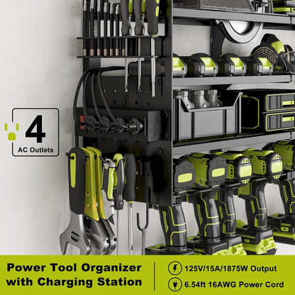Skiennix Cordless Drill Holder - Heavy-Duty 4-Tier Power Tool Organizer with Pegboard & Power Strip