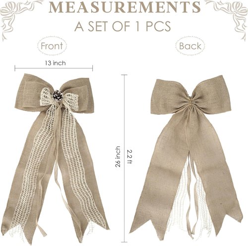 Burlap Christmas Tree Topper Bow - 13 Inch Natural Rustic Jute Wreath with Pine Cone | Holiday Home Decor
