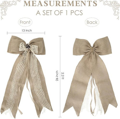 Burlap Christmas Tree Topper Bow - 13 Inch Natural Rustic Jute Wreath with Pine Cone | Holiday Home Decor