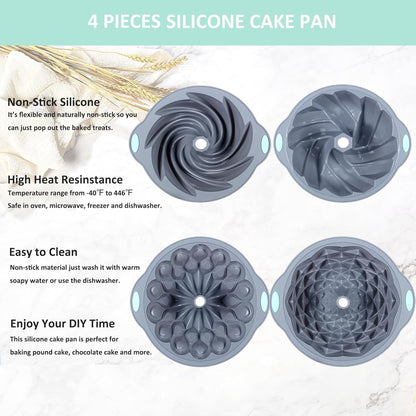 Tongjude Silicone Fluted Cake Pans - Non-Stick 4-Piece Set for Baking Cakes, Bread & Jello | 6/7/8 Cups, Grey