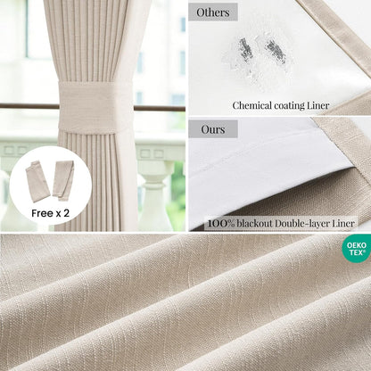Topfinel Oatmeal Blackout Curtains - 84 Inch Long Pinch Pleated Drapes | Energy-Efficient Flax Linen, 2 Panels Set