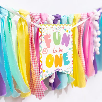 Fun to Be One High Chair Banner - Pre-Strung Pastel Fabric World Baby Party Décor