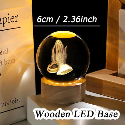 3D Hands Prayer Crystal Ball by [Brand Name] - Religious Christian Glass Figurine Night Light | 2.36-Inch Wooden Base Home Decor Gift