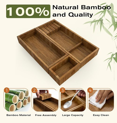 KOCWELL Bamboo Silverware Drawer Organizer - Multi-Use with Knife Block & 3 Removable Bins