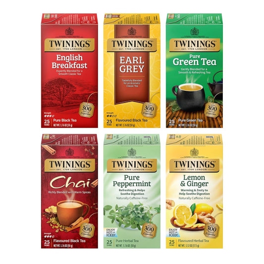 Twinings Variety Pack Tea Bags - 25 Count (Pack of 6) | Includes English Breakfast, Earl Grey, Lemon Ginger, Peppermint, Green & Chai