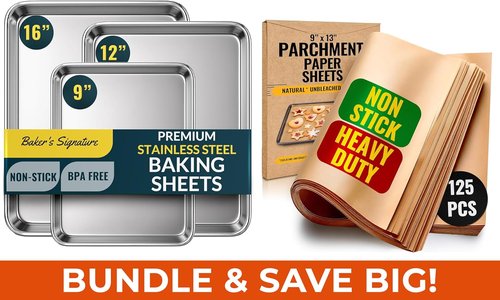 Baker's Signature Stainless Steel Baking Sheet Set - Includes 125 Unbleached Parchment Paper Sheets | 9x13 Inch Non-Stick, Curl-Free Design