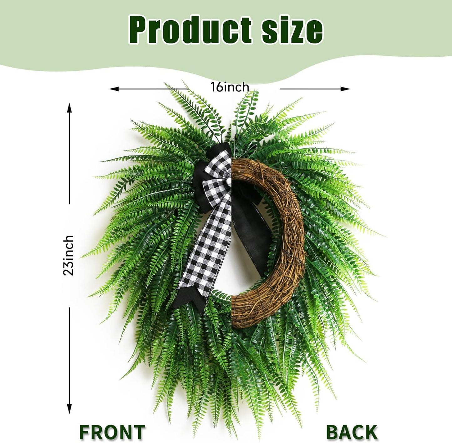 Skiennix 22" Boston Fern Leaf Wreath - Spring & Summer Greenery for Front Door Decor