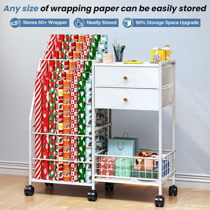 TC-HOMENY Wrapping Paper Organizer - Mobile Gift Wrap Rack with 2 Large Drawers & Ribbon Storage