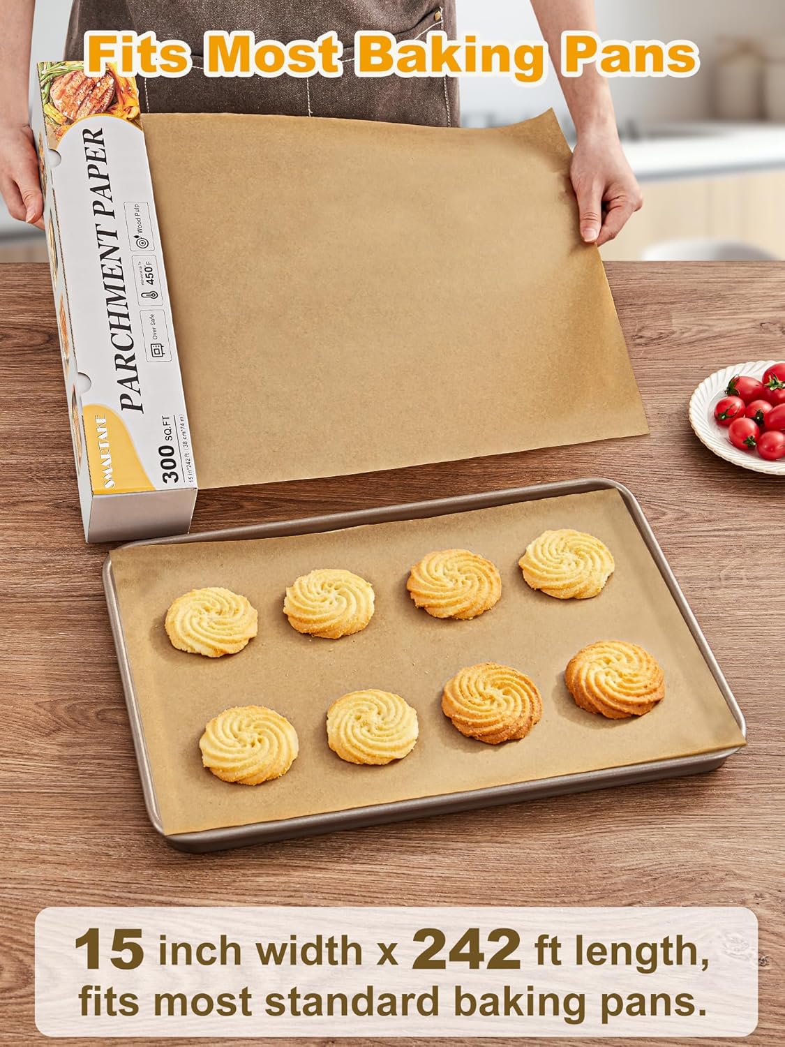 SMARTAKE Parchment Paper Roll - Non-Stick Baking Sheets with Slide Cutter | 15" x 242 ft, Heavy Duty Unbleached