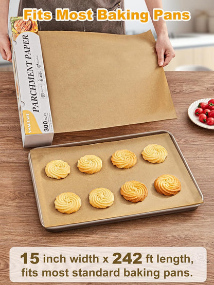 SMARTAKE Parchment Paper Roll - Non-Stick Baking Sheets with Slide Cutter | 15" x 242 ft, Heavy Duty Unbleached