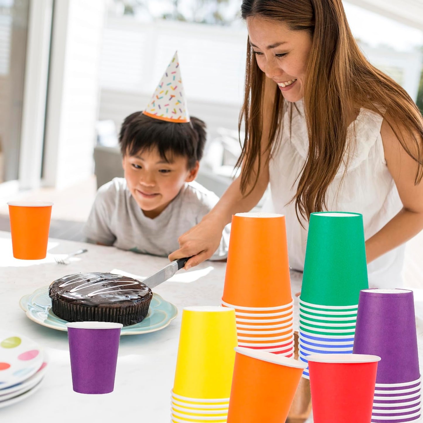Rainbow | 9 Oz Disposable Paper Cups - 120-Pack Colorful Party Cups for Birthdays & Events