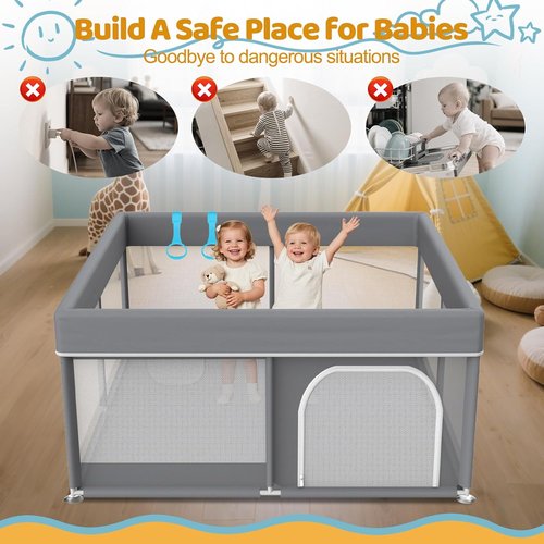 Grey Baby Playpen | 64"x64" Full Cover Anti-Collision Cloth Playard - Modern Infant Activity Center