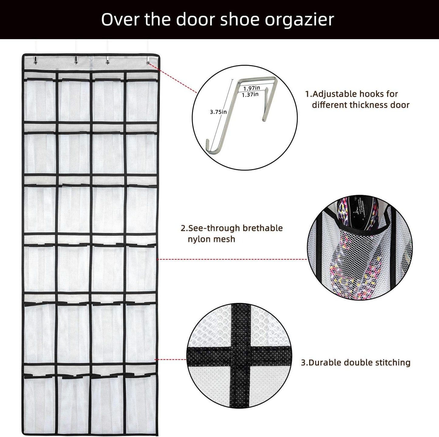 SAVERHO Over The Door Shoe Organizer - 24 Large Mesh Pockets for Easy Storage | White Hanging Rack