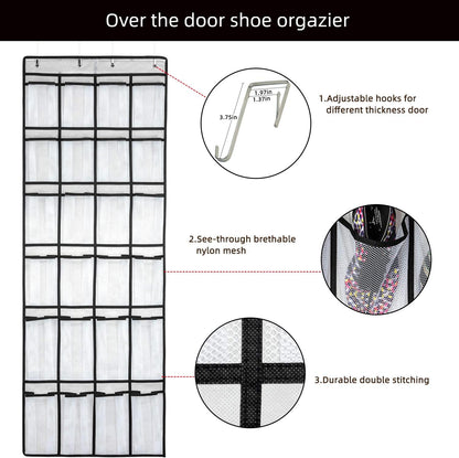 SAVERHO Over The Door Shoe Organizer - 24 Large Mesh Pockets for Easy Storage | White Hanging Rack