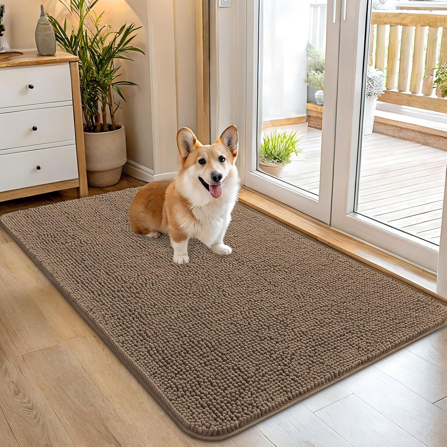 OLANLY Dog Door Mat - Absorbent Non-Slip Chenille Mat for Muddy Paws | 45x27 Tan Indoor Entryway Carpet