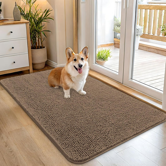 OLANLY Dog Door Mat - Absorbent Non-Slip Chenille Mat for Muddy Paws | 45x27 Tan Indoor Entryway Carpet