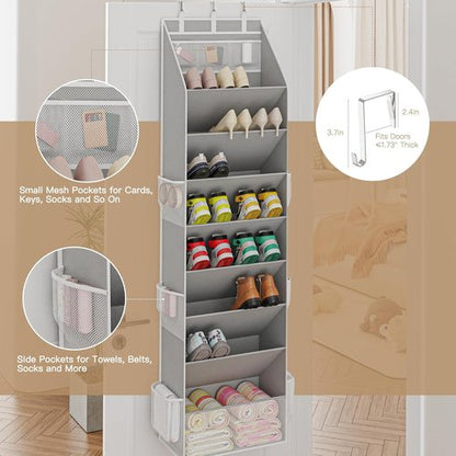 Criusia Shoe Organizer - Over The Door Hanging Storage with Large Pockets | Fits 16-24 Pairs - Gray